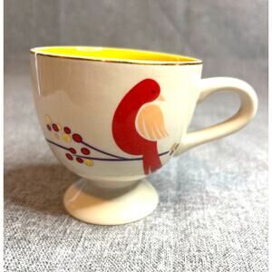 Anthropologie Footed Cafe Latte Coffee Mug Tea Cup Yellow Pink Red Gold Bird